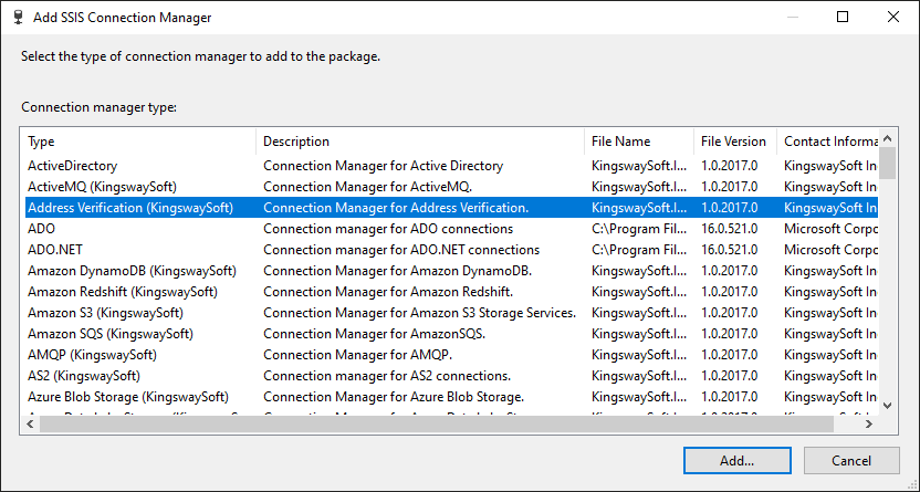 Add SSIS Address Verification Connection Manager
